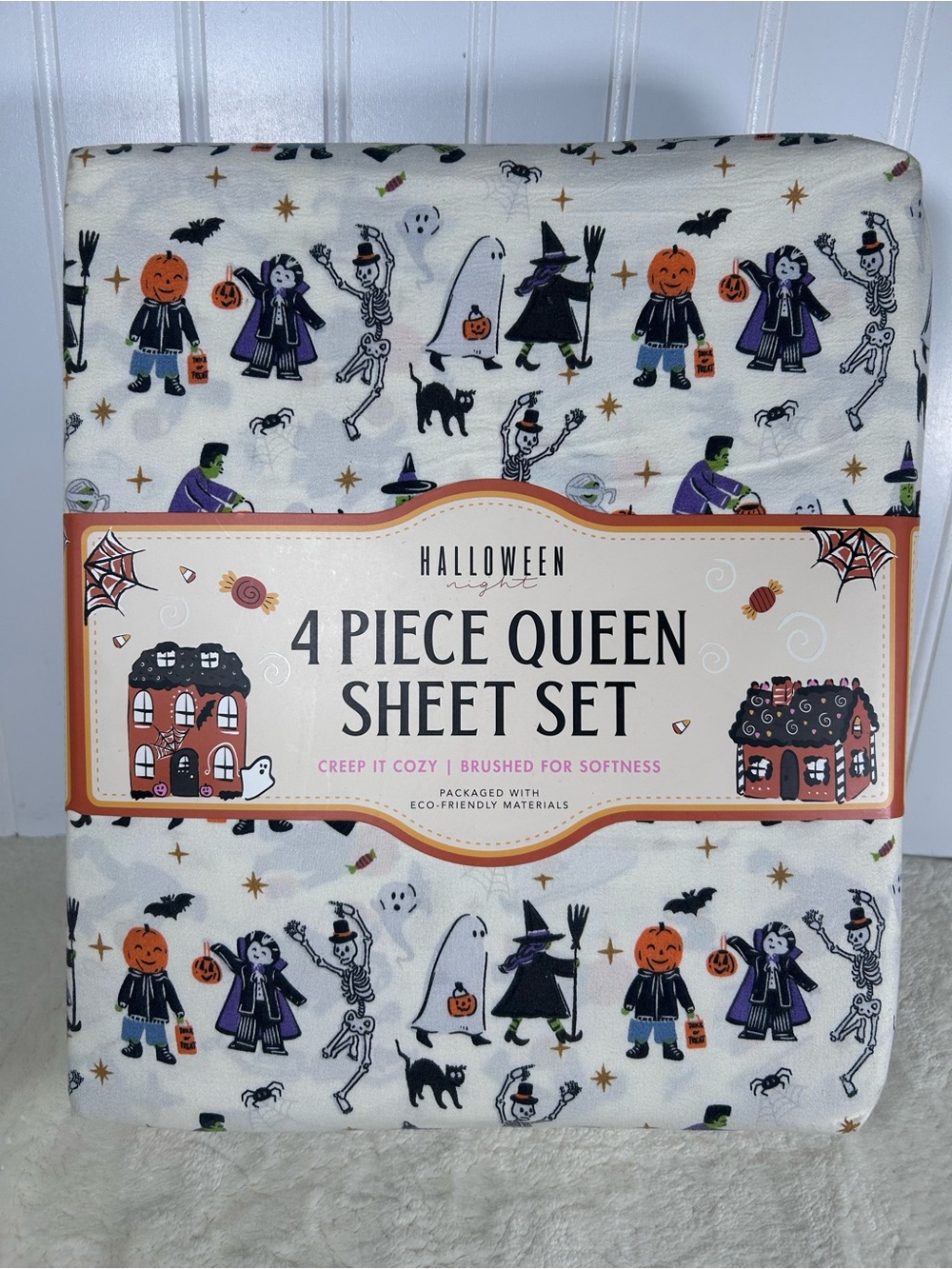 NWT Halloween Night 4-Piece Queen Brushed Sheet Set Fall Ghost Witch Spooky
